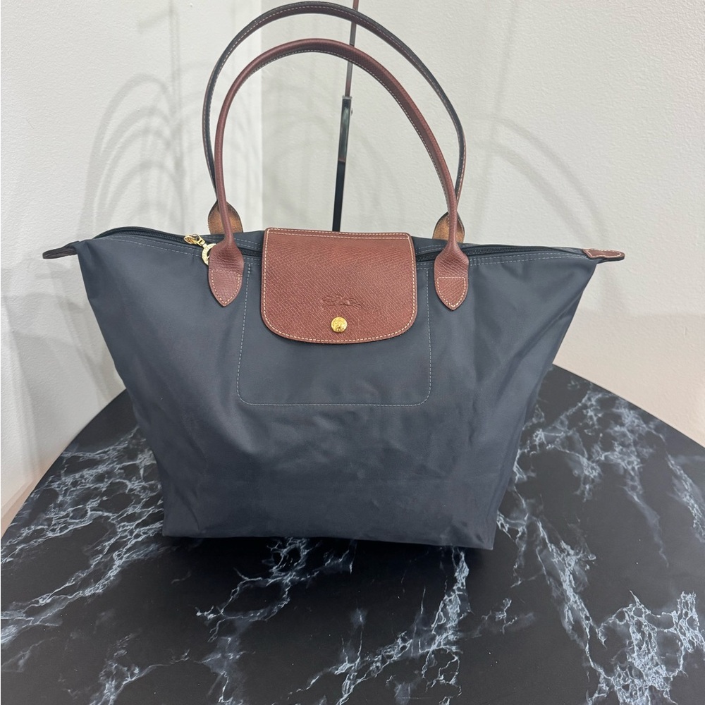 LONGCHAMP Large Le Pliage Nylon Shoulder Tote Marine Navy Blue AUTHENTIC - Picture 4 of 13